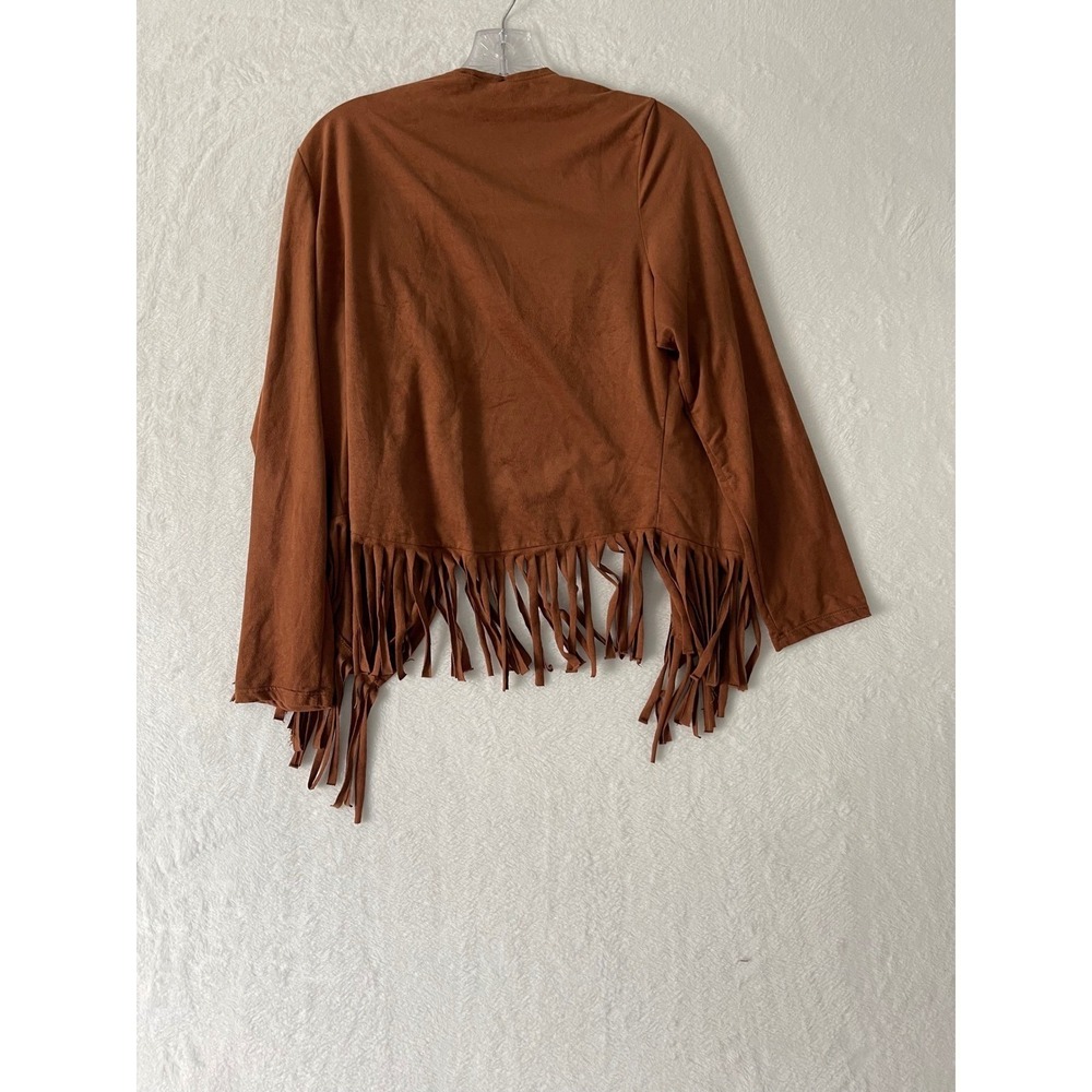 Womens Faux Suede Fringe Open Front Cardigan Brown Boho Large XL Western - Picture 6 of 7